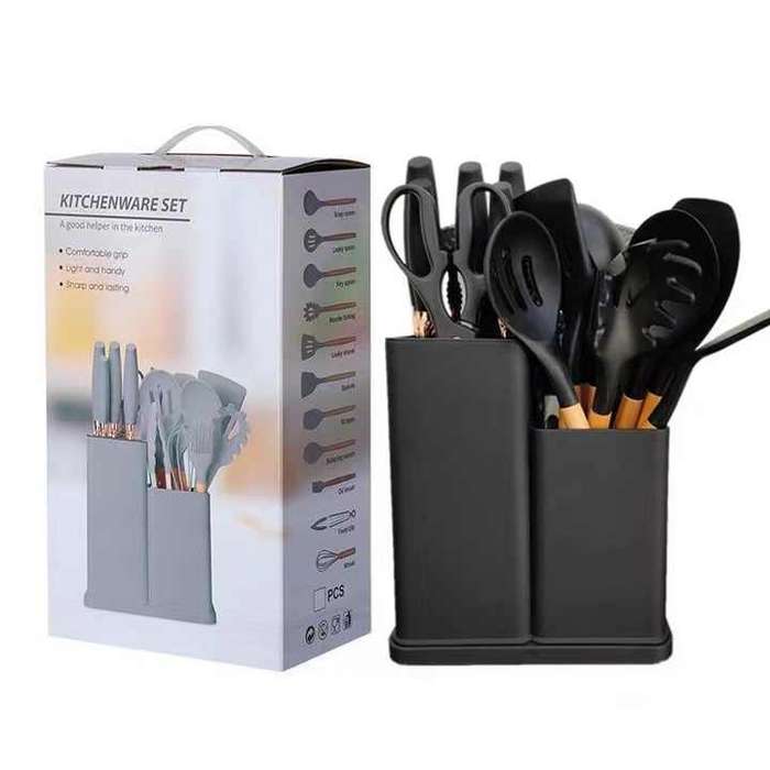 19-piece Set of Silica Gel Kitchen Utensil Set With Wooden Handle and Cuttings Board Storage Bucket