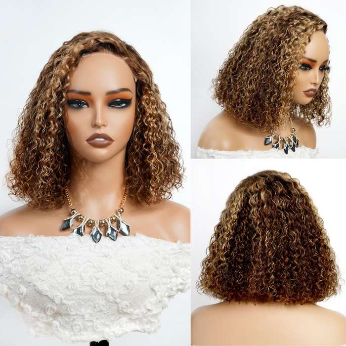 14" Full Frontal Highlight Brazilian Curly Wig (Deep Wave Closure Wig)