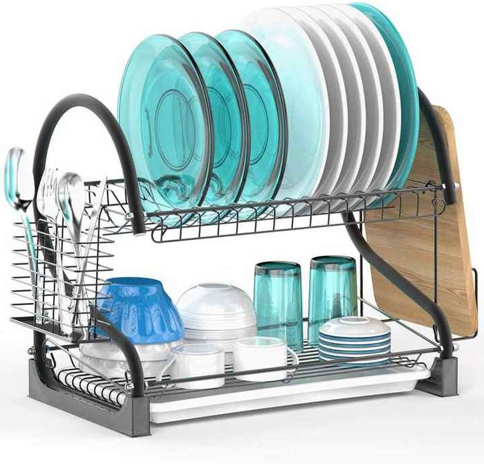 Kitchen Metal Iron 2 Tier Dish Rack with Utensil Holder Cup Holder Dish Drainer for Kitchen Counter