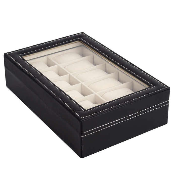 12 Slots Leather Transparent Watch Display Box for Stores Watch case with Pillows
