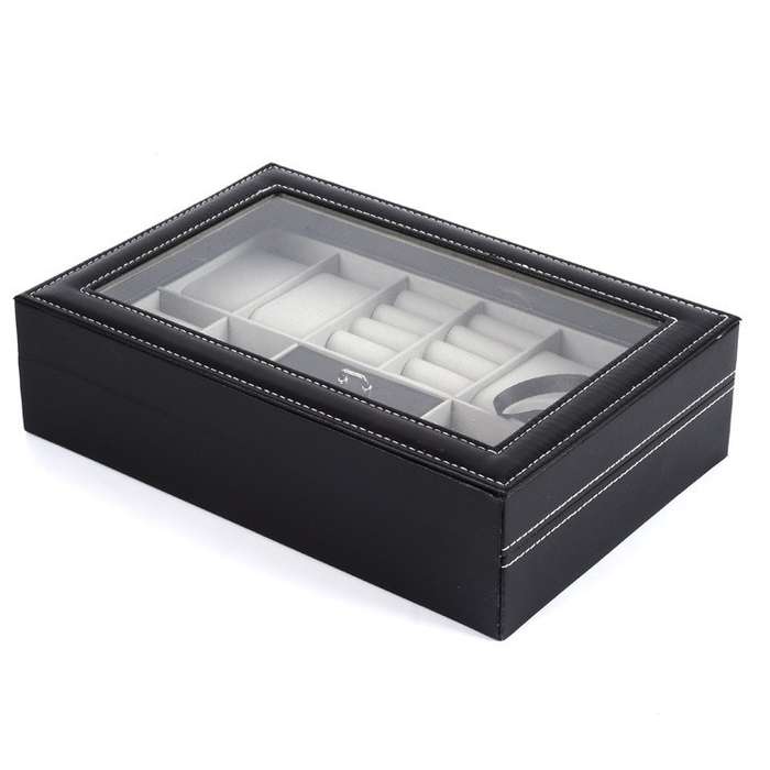 Multifunctional PU Leather Watch Jewelry Box with Transparent Window for Rings Earrings Watches