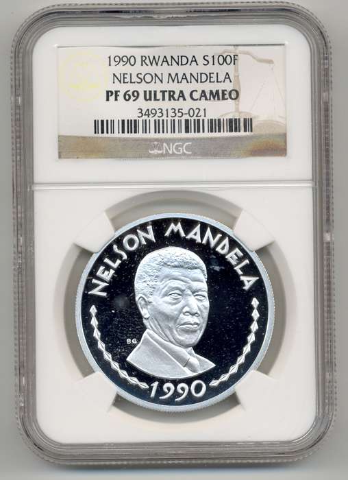 Nelson Mandela RWANDA *** Silver 100 Francs - 1990 *** PF69 UC *** 2nd Highest Grade