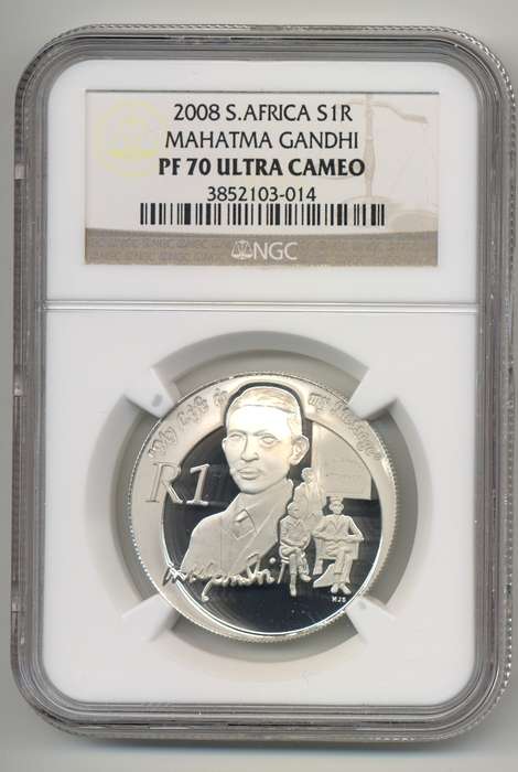 SILVER 1 RAND SALE *** 2008 MAHATMA GANDHI - PF70 Ultra Cameo *** Highest grade