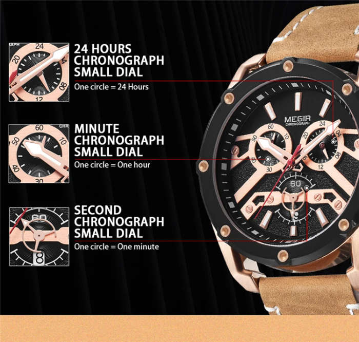 MEGIR 2120 Watch Men Chronograph Military 3D Face Male Clock Top Brand Luxury Genuine Leather Band Business Sport Wristwatch