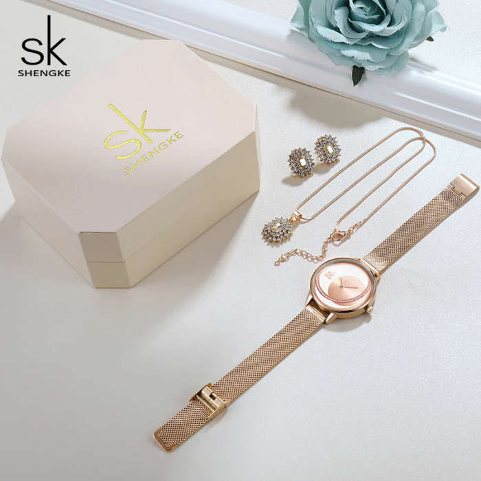 Creative Shengke SK Women Watch Set Crystal Earrings Necklace Ladies Quartz Watch Reloj Mujer Women Bracelet Watches Set Gifts