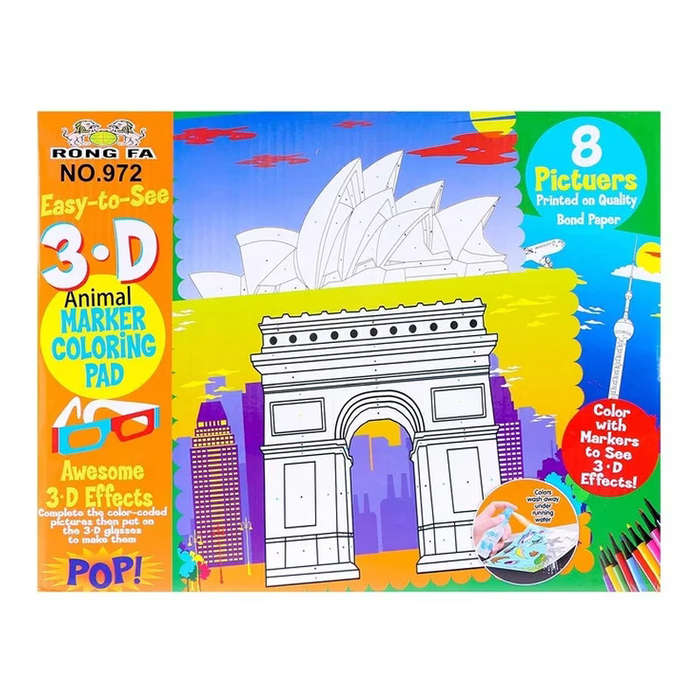 3D Colouring Set with 12 Markers, 3D Glasses & Spray Bottle (Landmarks)