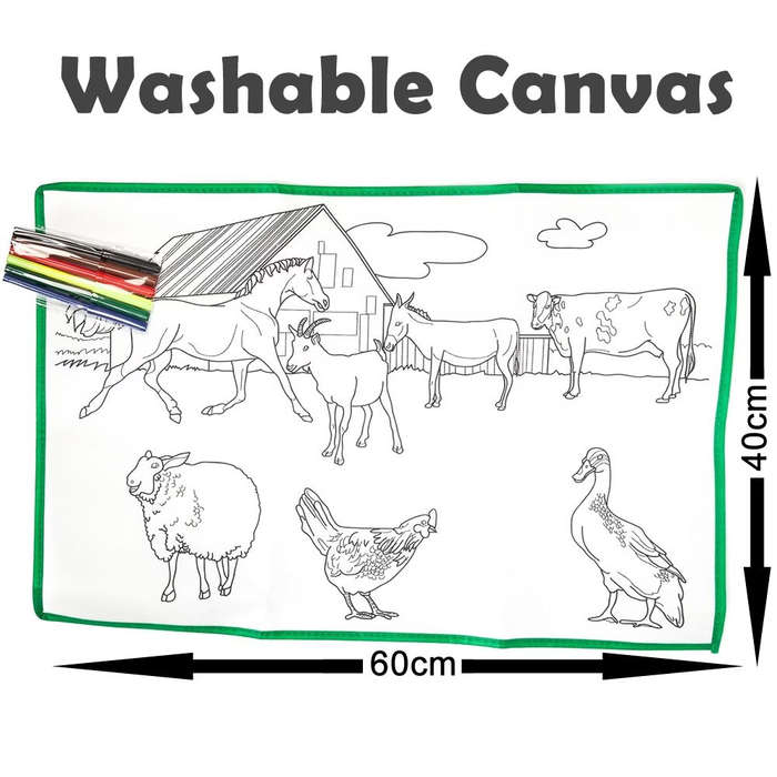 Washable Canvas Colouring Set with 6 Markers(60cmx40cm) - Farm Animals