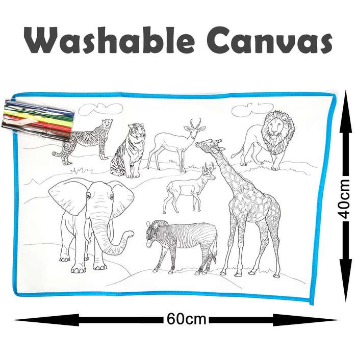Washable Canvas Colouring Set with 6 Markers(60cmx40cm) - Wild Animals