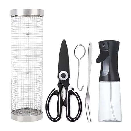 Rotating Braai Basket Set - Kitchen Shears, Oil Sprayer & Tools