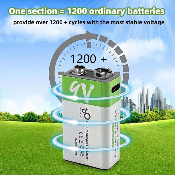 SMARTOOLS 9V USB Rechargeable Lithium Battery - 650mAh with Type-C Cable