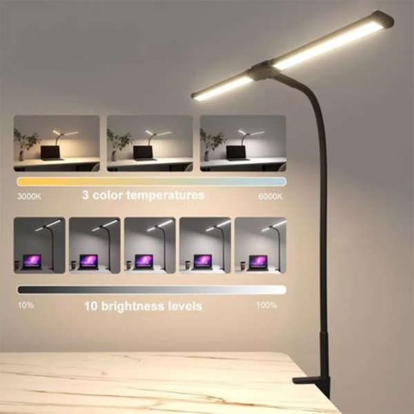Flexible Double Head USB Desk Clamp LED Lamp - 3 Colour Modes, Dimmable