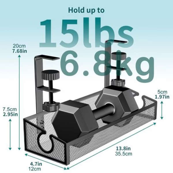 Under Desk Clamp-On Cable Management Tray-Metal Mesh with Cord Clips &amp; Ties