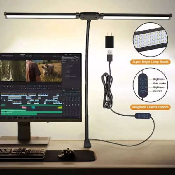 Flexible Double Head USB Desk Clamp LED Lamp - 3 Colour Modes, Dimmable
