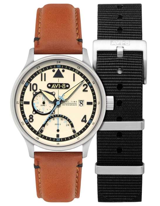 AVI-8 Hawker Hurricane Mckellar Dual Time Brown Beige Leather Strap Cream Dial AV-4101-0C Quartz ...