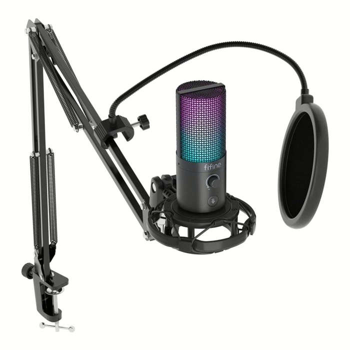 Fifine T669 Pro3 RGB Microphone with Pop Filter and Boom Arm Stand