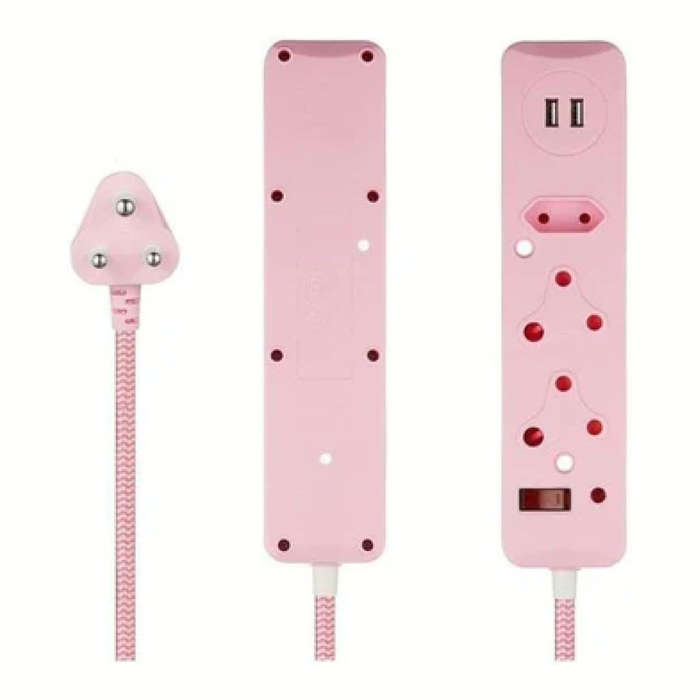 Switched 3-Way Surge Multiplug with USB 3m Pink 2-pack