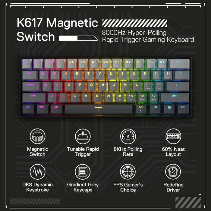 Redragon K617 FIZZ Rapid Trigger 60% Magnet Hall Switch Wired RGB Gaming Keyboard