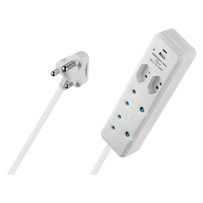 Switched 4-way Multiplug with 2m Cord and 1x Type-C and 1x USB-A Charger