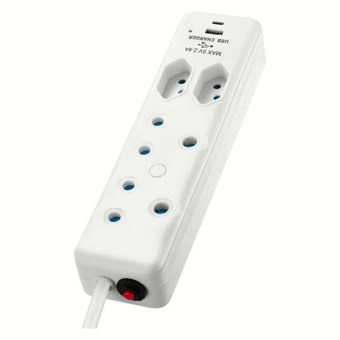 Switched 4-way Multiplug with 2m Cord and 1x Type-C and 1x USB-A Charger