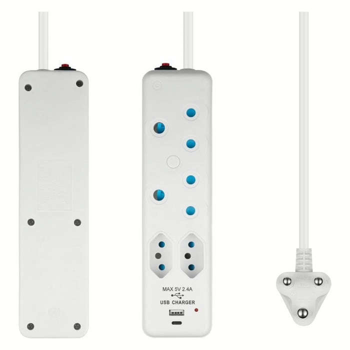 Switched 4-way Multiplug with 2m Cord and 1x Type-C and 1x USB-A Charger