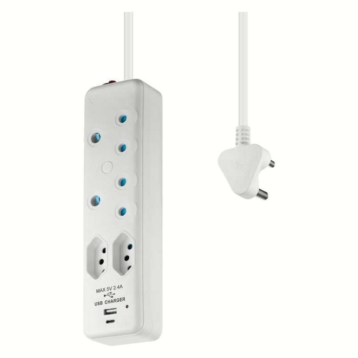 Switched 4-way Multiplug with 2m Cord and 1x Type-C and 1x USB-A Charger