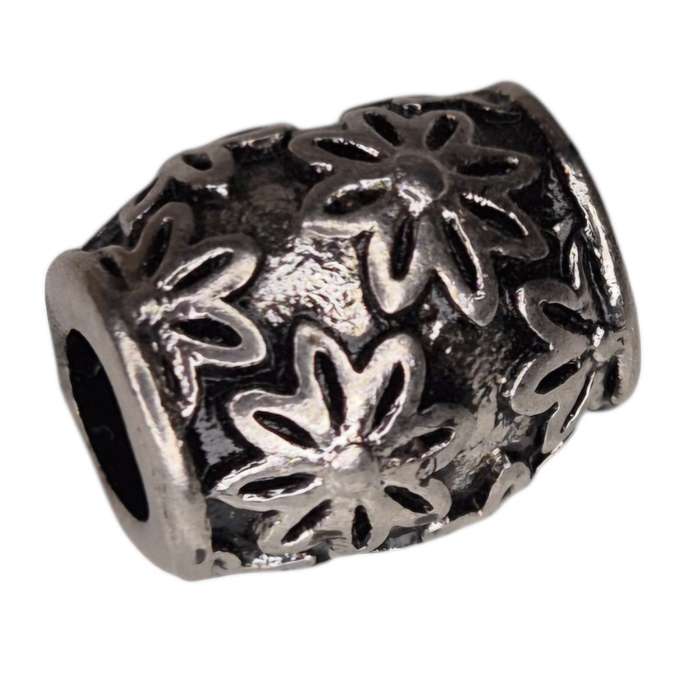 Barrel bead in stainless steel, flower design, 12x10mm