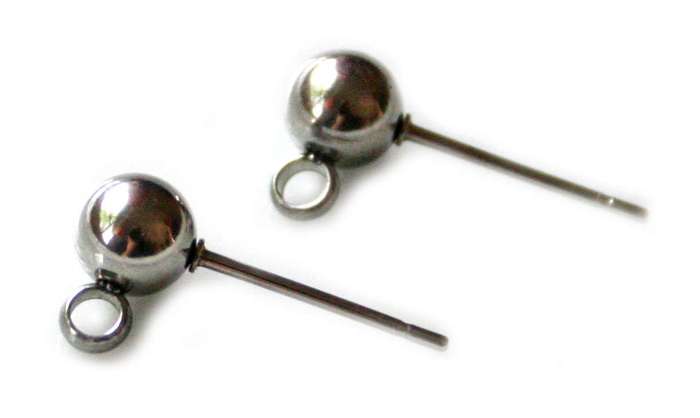 Earring stud pair with ball and ring, stainless steel, 6mm bead