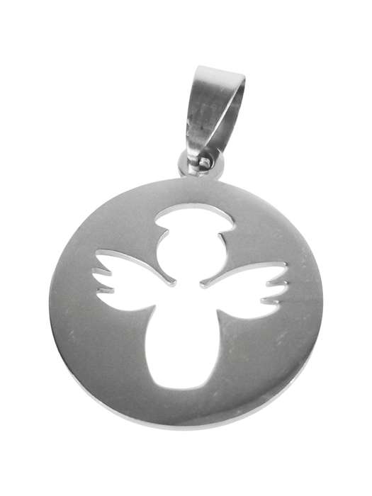 Stainless Steel Pendant, Angel in coin, 24mm round
