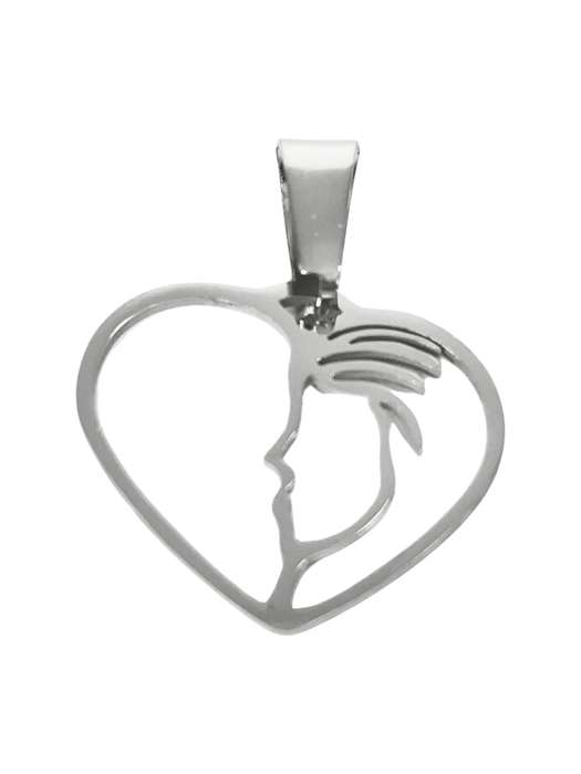 Pendant in stainless steel with bail, Profile face in heart, 18mm excluding bail