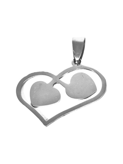 Pendant in stainless steel with bail, Double heart in heart, 29mm end to end