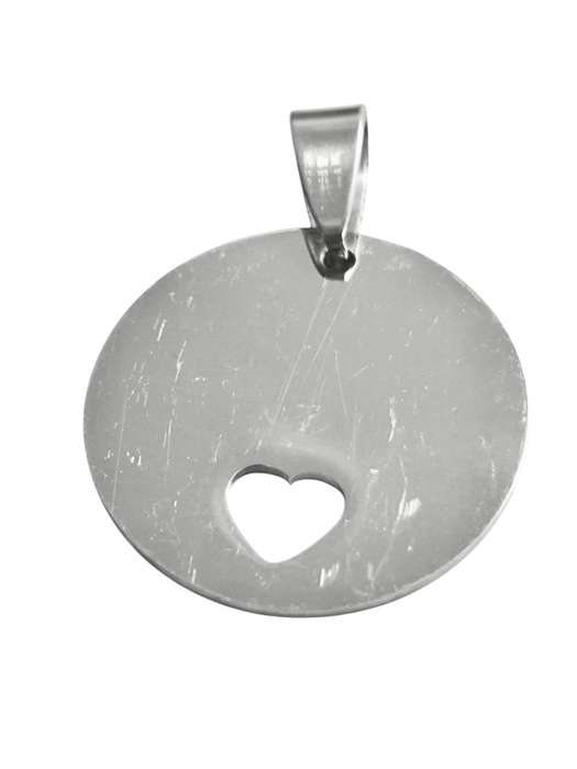 Circle tag with heart punch-out pendant in stainless steel.