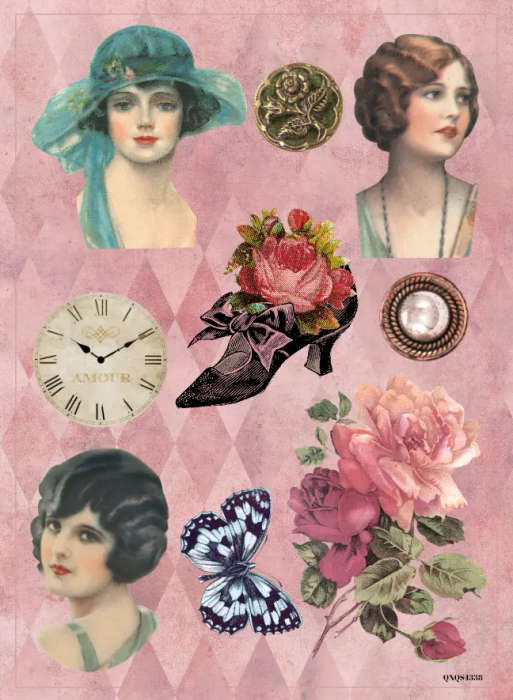 Shabby Chic Victorian Sticker Sheet with Pink Roses and Poppies for Crafts and Journaling