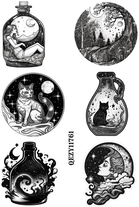 Vintage Black and White Celestial Oddities II Stickers: Unique Steam Punk and Wacky White PET Decals