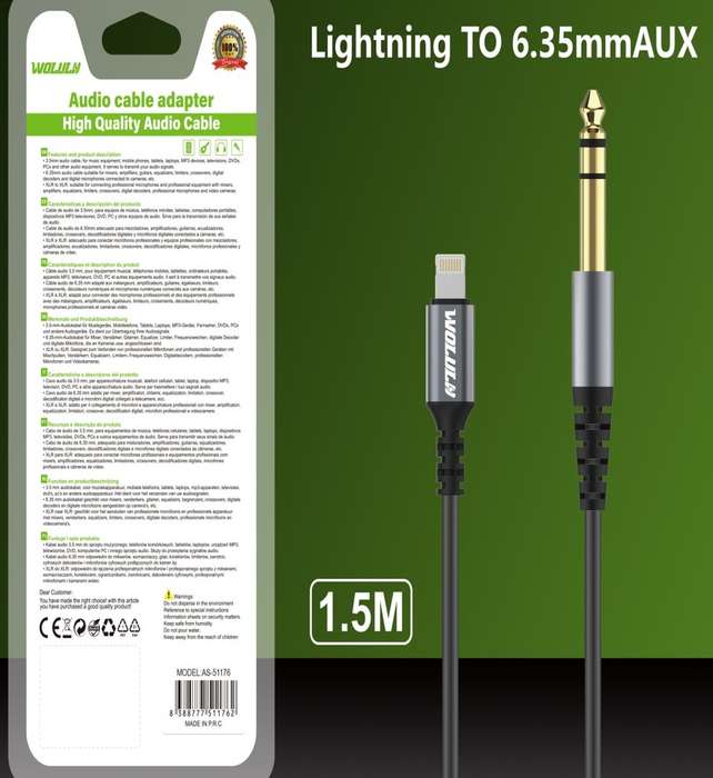 Wolulu AS-51176 Lighting Pin For IOS To Male 6.35 Cable 1.5m