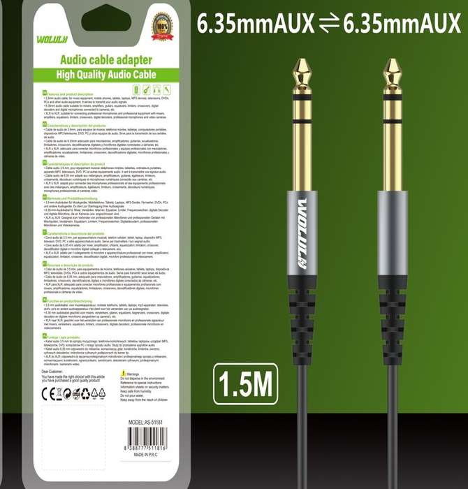 Wolulu AS-51181 Male 6.35 To Male 6.35 Cable 1.5m