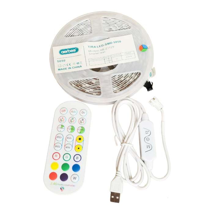 Aerbes AB-Z1129 USB Ribbon 5050 RGB LED Strip Light With Remote Control 5M