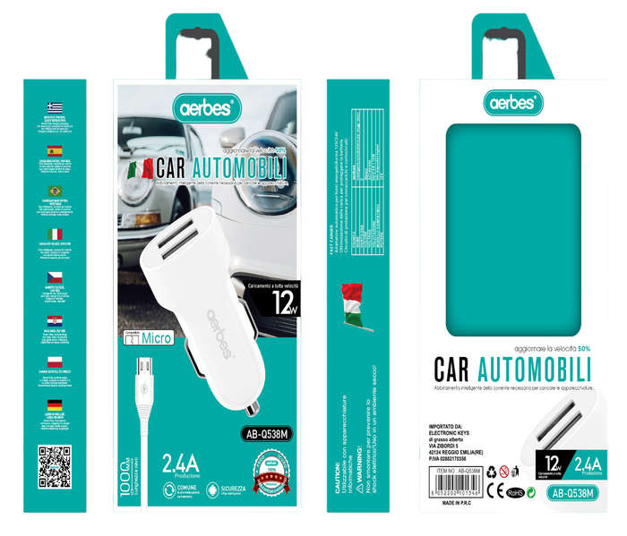 Aerbes AB-Q538M Car Charger With 2 USB Port And 1M Lightning Cable 2.4V 12W