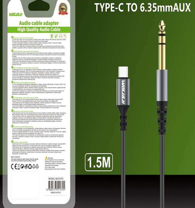 Wolulu AS-51175 Type-C To Male 6.35 Cable 1.5m