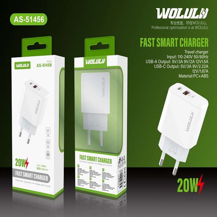 Wolulu AS-51456 PD 20W + USB QC3.0 USB Wall Charger