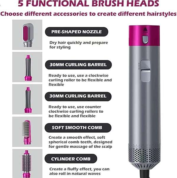 5 In 1 Hair Styler With Hot Air Brush, Air Curler, Hair Dryer, Straighteners, Wrapper