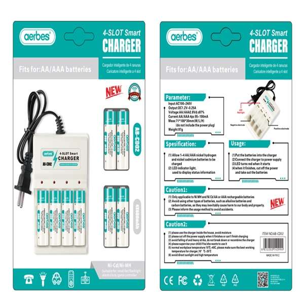 Aerbes AB-CD02 600MAH 4 Slot  AA &amp; AAA Battery Charger set with 4 x AAA Rechargeable Battery