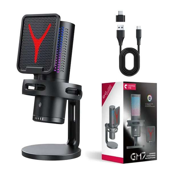GM7 USB Gaming Microphone for PC, Noise  Cancellation Condenser Mic With RGB Lights, Mute