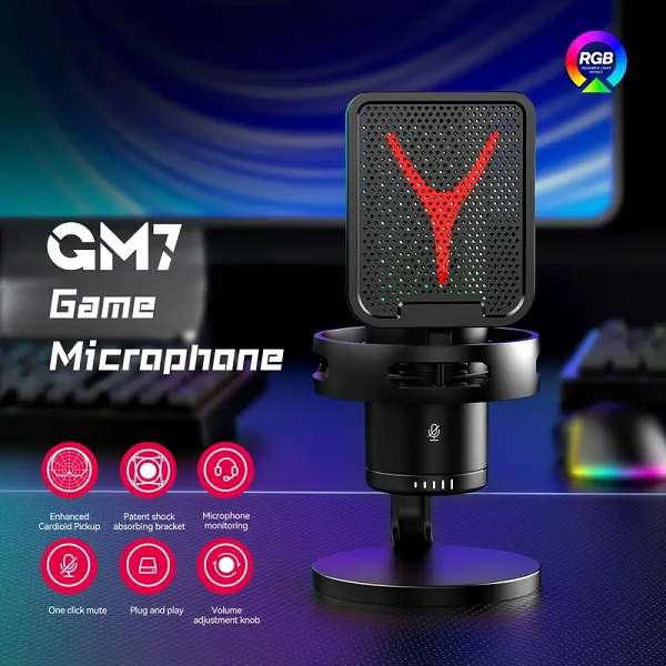 GM7 USB Gaming Microphone for PC, Noise  Cancellation Condenser Mic With RGB Lights, Mute