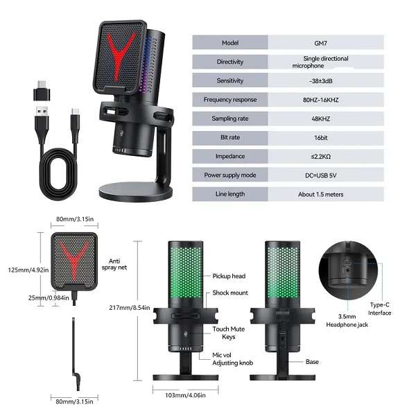 GM7 USB Gaming Microphone for PC, Noise  Cancellation Condenser Mic With RGB Lights, Mute