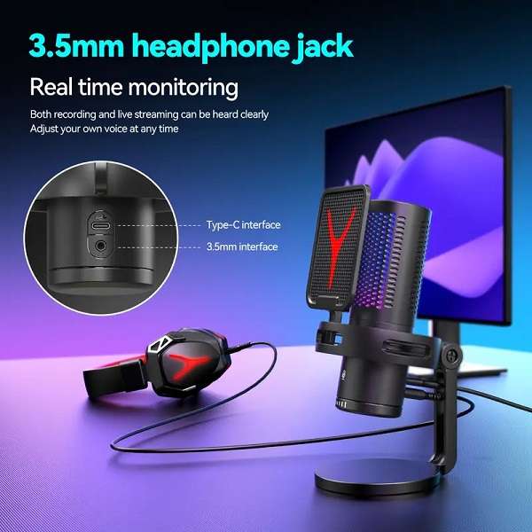 GM7 USB Gaming Microphone for PC, Noise  Cancellation Condenser Mic With RGB Lights, Mute