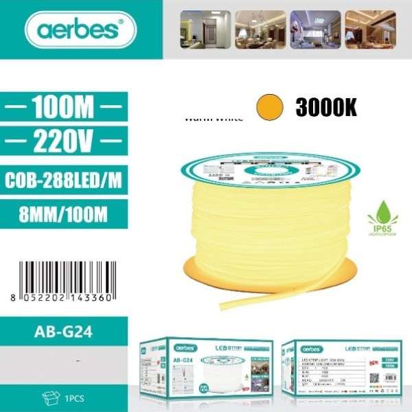 Aerbes AB-G24  LED 220v 100M Cuttable, Single Panel Strip Neon Light 3000K Warm White