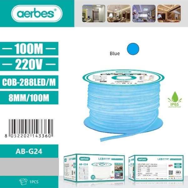 Aerbes AB-G24  LED 220v 100M Cuttable, Single Panel Strip Neon Light  Blue