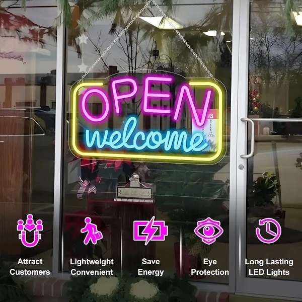 220V Acrylic Letters RGB Open Welcome Neon Sign 40cm x 25cm x 0.6cm