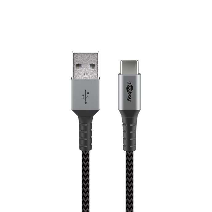 Goobay USB-C to USB-A Textile 1m Cable with Metal Plugs - Space Grey/Silver