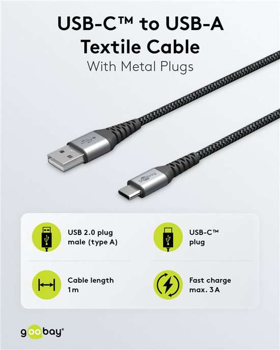 Goobay USB-C to USB-A Textile 2m Cable with Metal Plugs - Space Grey/Silver